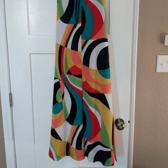 [M] Abstract Multicolor Swirl Stretch Bodycon Halter Maxi Dress - Picture 3 of 16